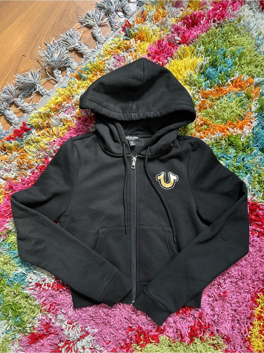 True Religion Cropped Black Zip-Up Hooded Sweatshirt
